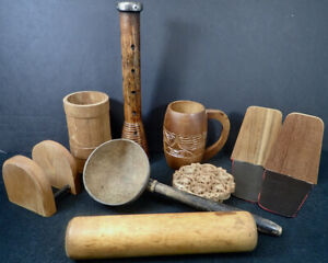 lot vtg. Wood Collectibles Tiki Mugs Spool Napkin Holder Coconut Ladle Bookends