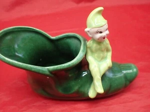 Vintage Treasure Craft Ceramic Lime Green Pixie ELF Sitting on Dark Green Shoe - Picture 1 of 17
