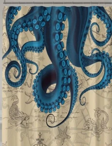 Blue Nautical Octopus Shower Curtain Funny Ocean Kraken Shower Curtains - Picture 1 of 4