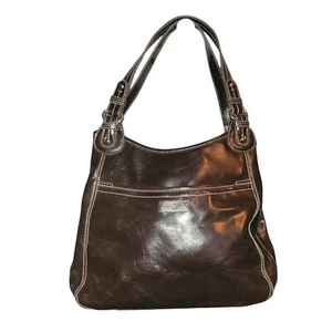 Nine & Co Brown Glossy Double Strap Shoulder Bag 3 Compartments Zip & Snaps - Picture 1 of 14