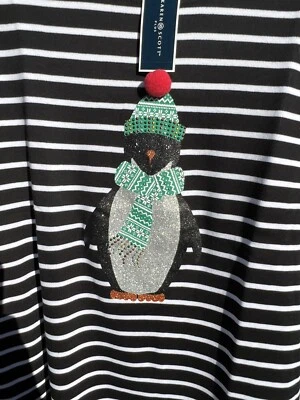 NWT Karen Scott Cute Black White Stripe Cozy Dressed Beaded Hat Penguin Top 1X - Image 1 of 4