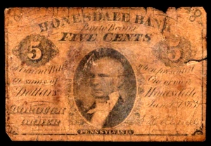1863 HONESDALE BANK Pennsylania, Five Cents Note FRACTIONAL CURRENCY Fractional - Picture 1 of 2