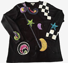 Vtg 80S Kashiwa Sweater Black Medium Cosmic Sequin Beaded Embellish Wool Blend