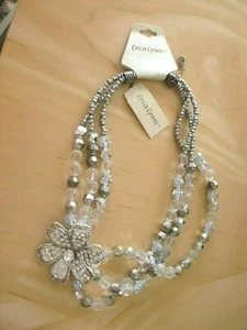 NEW~ERICA LYONS~MULTI STRAND~SILVER TONE~FLOWER~RHINESTONSTONES~NECKLACE 16"+2"L - Picture 1 of 9