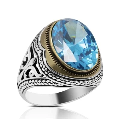 Anillo de plata de ley 925 con piedra de circón azul para hombre hecho a mano خاتم زركون أزرق فضة ٩٢٥ Foto 1 de 4