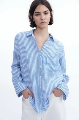 H&M Blue White Stripe Linen Shirt Small 100% Linen Button Front Collar Shirt NEW - Image 1 of 4