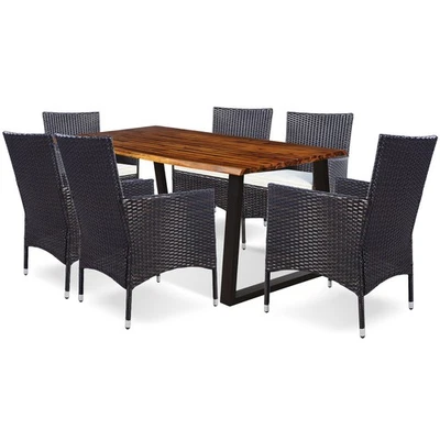 Juego de comedor Patiojoy 7 piezas madera de acacia y mimbre juego de patio con cojines cómodo Foto 1 de 4