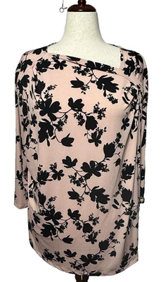 LIz Claiborne Top Womens 2X Pink Black Floral Pullover 3/4 Sleeve Blouse Tunic - Image 1 of 4