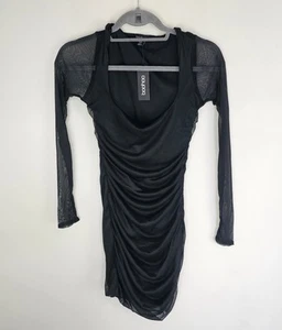 boohoo square neck ruched mesh bodycon black dress size 8 - Picture 1 of 5