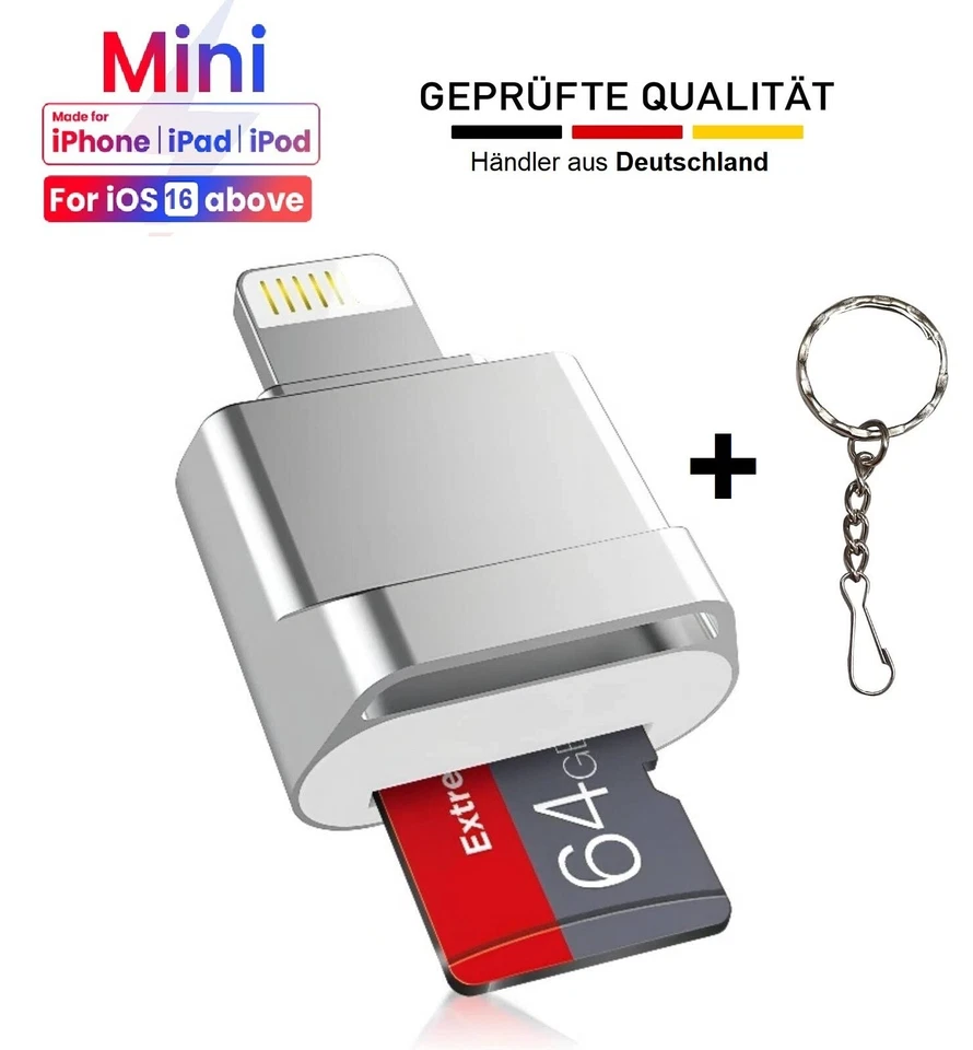Kartenleser micro SD OTG Adapter für Apple iPhone 14 13 12 11 SE XS XR Pro iOS - Bild 1 von 4