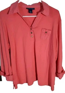 Karen Scott Top 100% Cotton Long Sleeve Roll Sleeve Button Up Classic XL Peachy - Picture 1 of 7