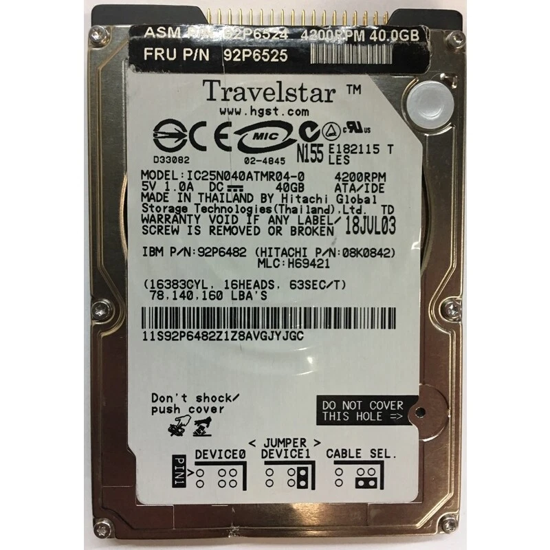 92P6482 - IBM 40GB 4200 RPM IDE 2.5" HDD - Image 1 of 1