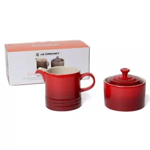 Le Creuset Sugar Pot & Milk Jug Set Cherry Red Stoneware - Picture 1 of 4