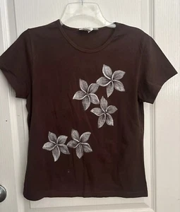 VTG Woman’s Brown Silver Floral Short Sleeve T Shirt Size  Medium Made In USA - Picture 1 of 10