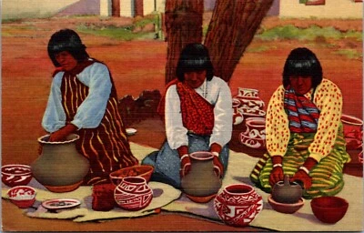 Linen Postcard Pueblo Indian Women Making Pottery - Image 1 of 2