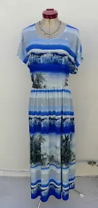 GABRIELLA FRATTINI Blue Sea Scene Midi DRESS Size Aus 12 White Birds Resort - Picture 1 of 6