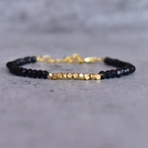 Golden Pyrite, Black Spinel 2Multi Faceted Rondelle Gemstone Beads Bracelet 6-8" - Picture 1 of 8