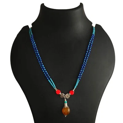 Turquoise, Lapis Gemstone Tibetan 925 Sterling Silver Necklace Jewelry 18 inch - Image 1 of 4