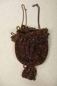 Antique Beaded Handbag Flapper Pouch (R3F/JSF6) Clutch Purse Bronze Glass Beads - Picture 1 of 8
