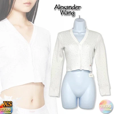 NWT Alexander Wang Women's XS White Crystal Hotfix Waffle Knit Cardigan - Image 1 of 4