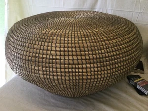 Large Round Woven Raffia and Metal Framed Footstool - Picture 1 of 4