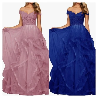 A-Linie Abendkleid Lang Damen Spitzen Schulterfrei Prinzessin V-Ausschnitt - Bild 1 von 4