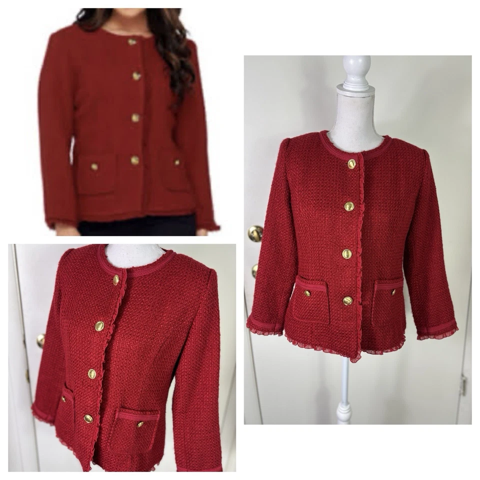Blazer Joan Rivers Y2K Mujer Talla 6 Rojo Tweed Mezcla Lana Botones Dorados Bolsillos Encaje Foto 1 de 4