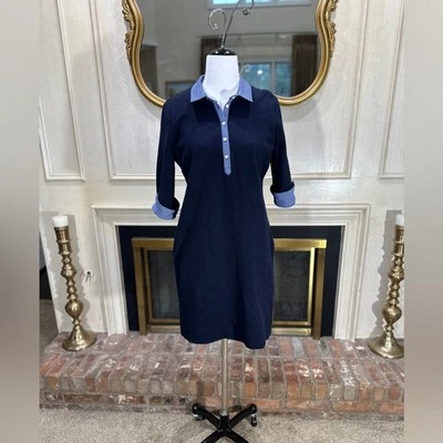 Talbots Navy Shirt Dress LP Petite Gingham Trim Work Casual Stretch Cotton - Image 1 of 4