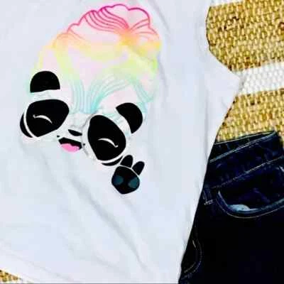 Panda muscle tee tank shirt top cut off style denim long school shorts  7 8 - Image 1 of 4
