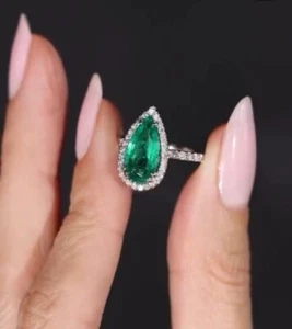 2,Ct Birne Natürlicher Smaragd Sambia Diamant Ring 14K Massiv Weißgold - Bild 1 von 3