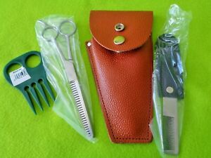 NEW Mane & Tail Trim KIT~STAINLESS Scissors Thin Shears~Strip Comb~Leather CASE