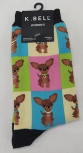 Chihuahua Dog Squares K Bell Women's Crew Socks New Colorful Novelty Fashion - Picture 1 of 4