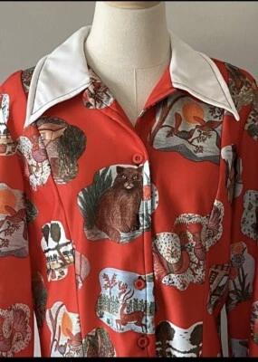 Vtg 60s Forest Animals Novelty Print Dress Nature Scenes Deer Bird Red Sz 18 New - Image 1 of 4