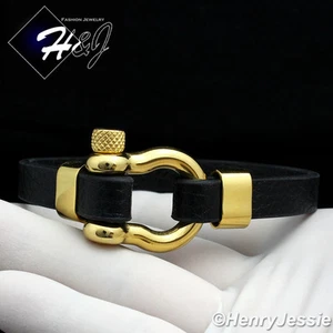 8"MEN WOMEN Stainless Steel 10mm Black/Gold Plated Horseshoe Leather Bracelet*84 - Picture 1 of 2