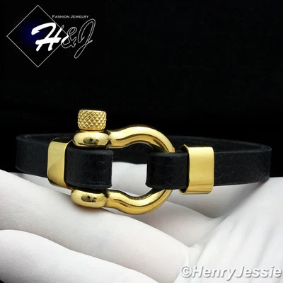 Brazalete de cuero de herradura chapado en negro/dorado de 10 mm de acero inoxidable HOMBRE MUJER 8"*84 Foto 1 de 2