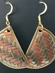 Vintage Handcrafted Semi Circle Copper,Brass Unique Drop Earring, Steel Ear Hook - Picture 1 of 12