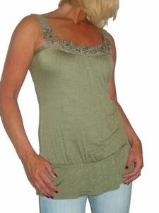 Ladies Khaki Green Cami Lightweight Crochet Trim Square Neck Top Size 6 - Picture 1 of 4