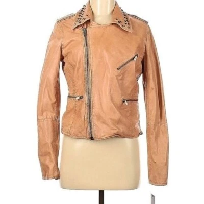 Bagatelle City Tan Leather Biker Jacket w/ Pyramid Studs Sz M New - Image 1 of 4