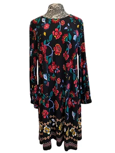 LOFT Floral Swing Dress Midi Long Sleeve Jersey Stretch Black Red Blue Casual L - Picture 1 of 19