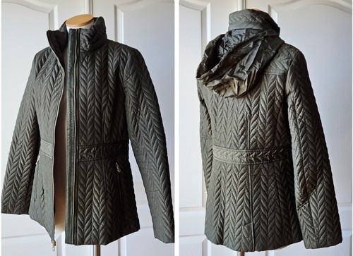Giacca trapuntata Kate Spade taglia M media con cappuccio verde oliva cappotto zip