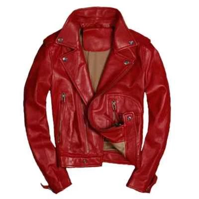 Women's Genuine Lambskin Leather Biker Jacket Red Motorcycle Moto Soft Slim Fit - Image 1 of 4