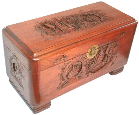 Vintage Asian Large Oak Hand Carved Blanket Chest Cover
