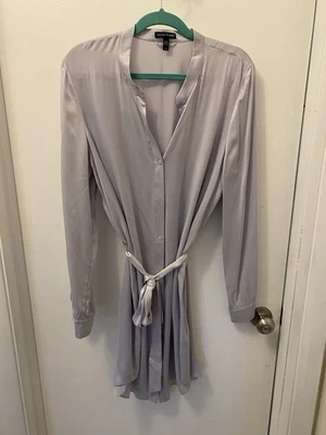 NEW $378 EILEEN FISHER Silver  SILK CHARMEUSE CLASSIC DRESS SELF BELT Size L - Image 1 of 4