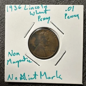 Penny di grano Lincoln 1936 senza marchio di zecca. Non magnetico. - Foto 1 di 4