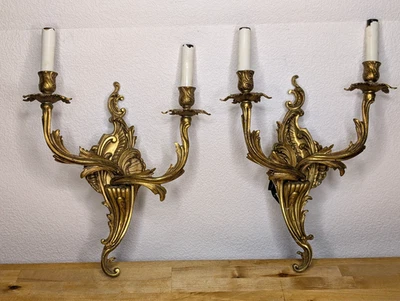 PAIR Antique French Louis XV Rococo Gilt Bronze Brass 14" Wall Sconces - Image 1 of 4