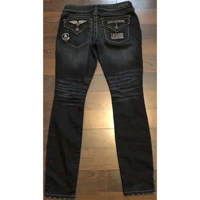 Pantalones de mezclilla ajustados Affliction Raquel para mujer 29 X32 azul lavado oscuro negro parches premium Foto 1 de 4