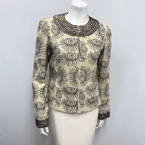 Tory Burch 100% Linen Bugle Beaded Jacket Brownb & Wheat Tone Size 6 - Picture 1 of 6