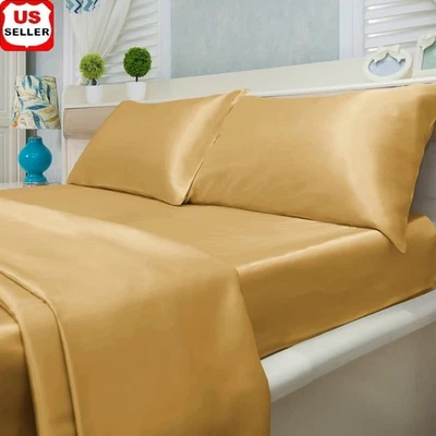 Ultra Soft Satin Bed Sheet Set 4-Piece Hypoallergenic Deep Pocket Easy Care New - Image 1 of 3