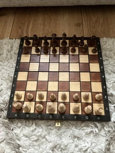Folding Wooden Travelling Chess Set Brown & Cream Board & Pieces Vtg Retro - Picture 1 of 9