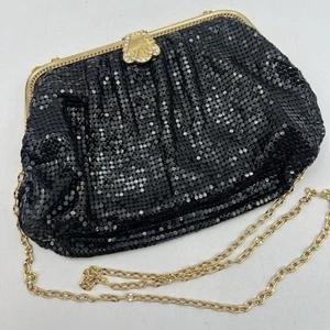 Whiting Davis Black Mesh Purse Gold Rhinestone Clasp Vintage Evening Cocktail 7" - Picture 1 of 8